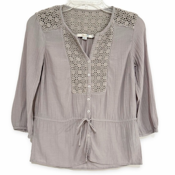 Boden | Crochet Button Front Top Gray Ruched Cotton Size 4 - Picture 1 of 6